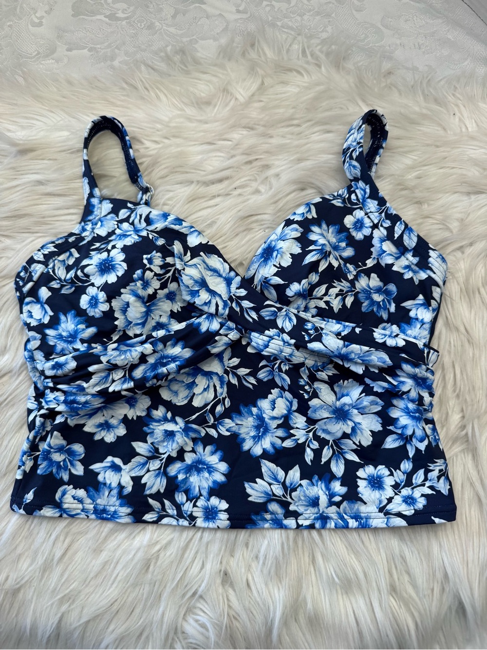 Lands’ End Sweetheart Wrap Midkini Swimsuit Top Size 10 Blue White Floral Crop - Picture 6 of 9